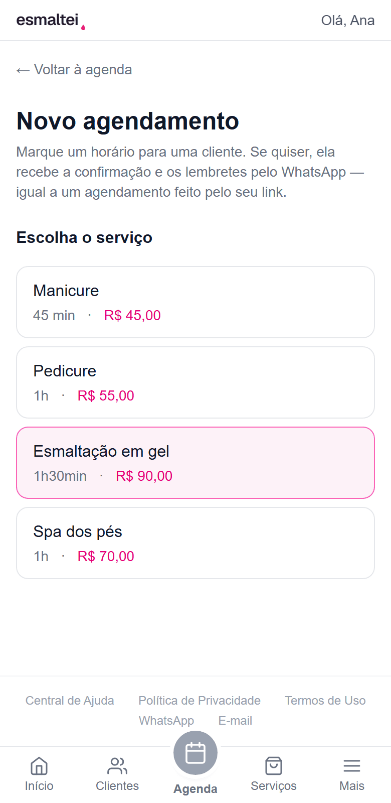 Tela de novo agendamento feito pela própria manicure