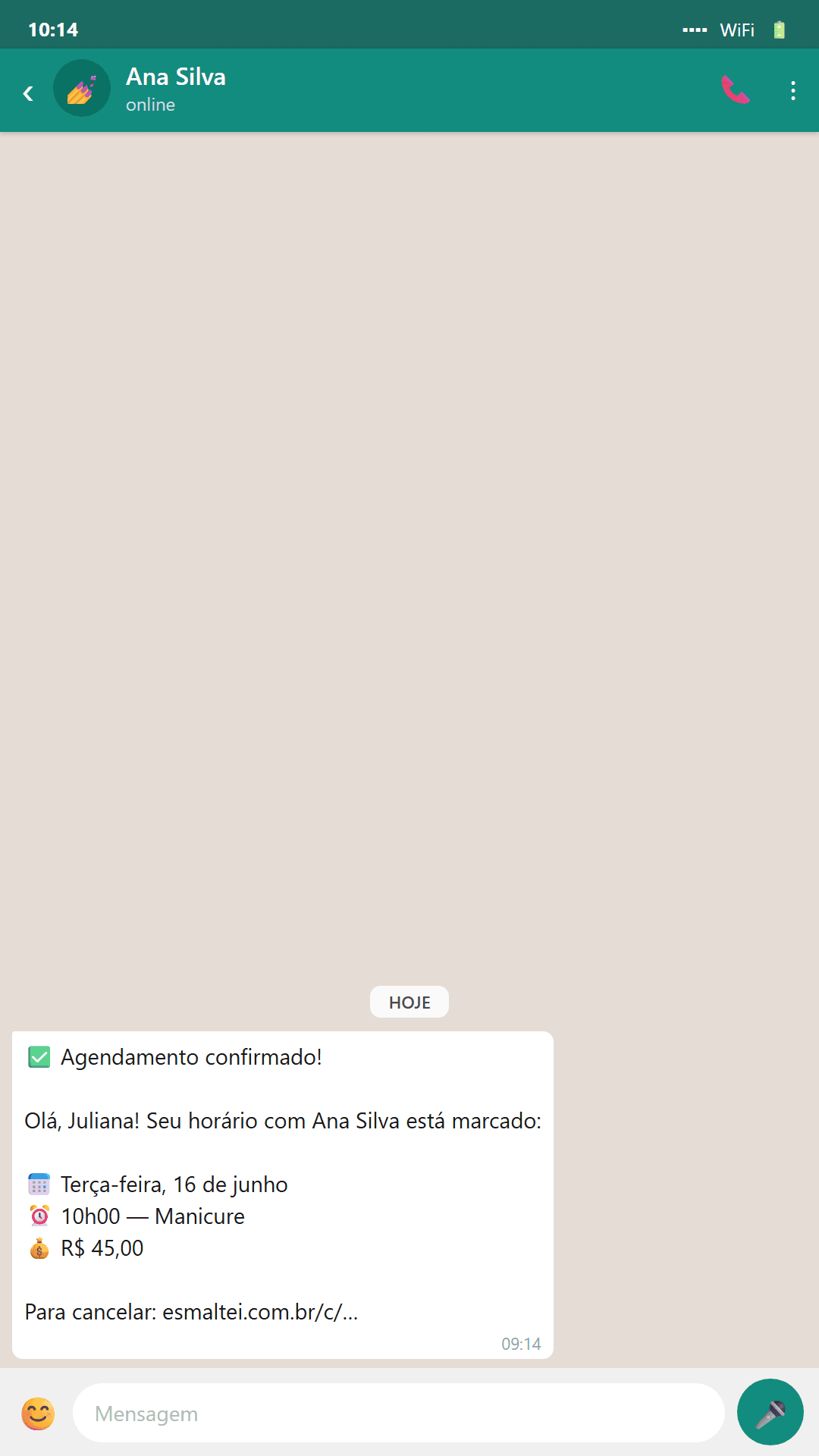 A cliente recebe confirmação no WhatsApp