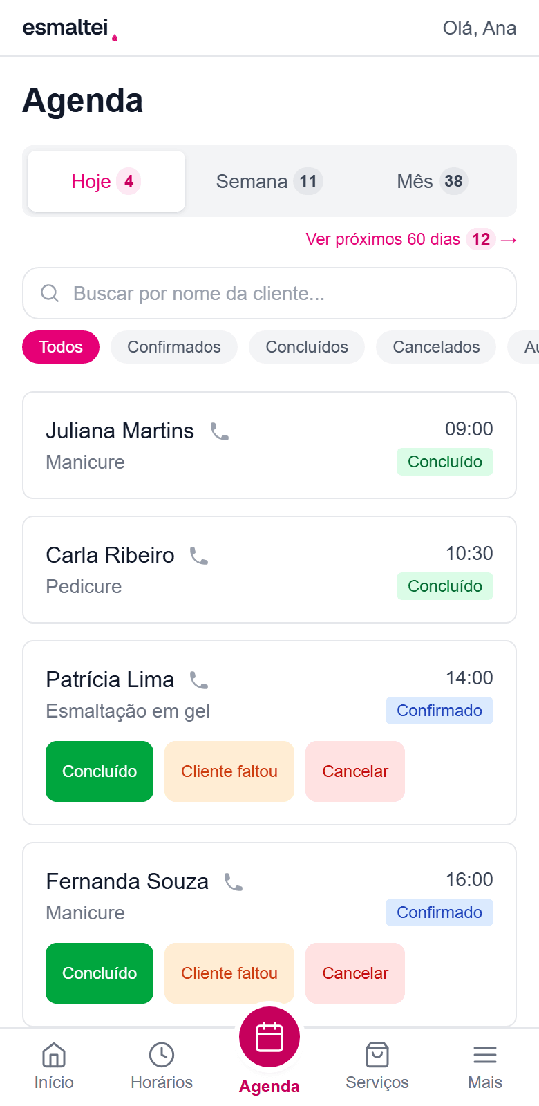 Tela da agenda do dia no painel do Esmaltei, com agendamentos confirmados e concluídos