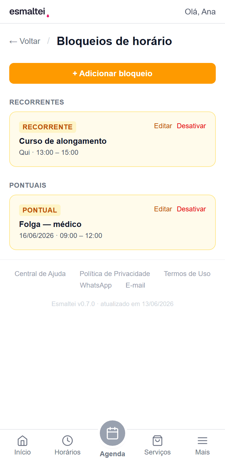 Tela de bloqueios de horário com exemplo de férias