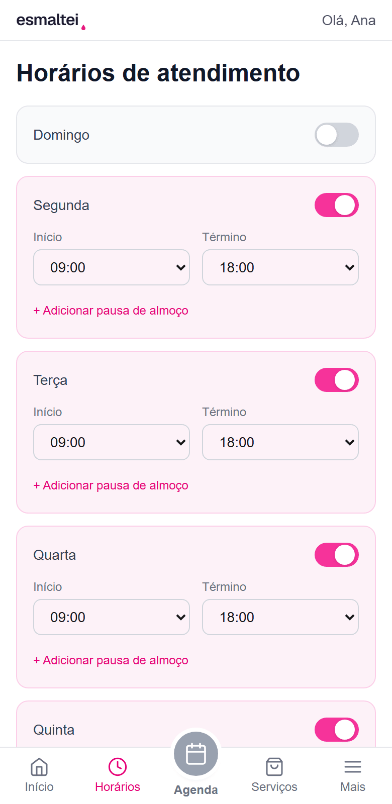 Tela de horários de atendimento no painel