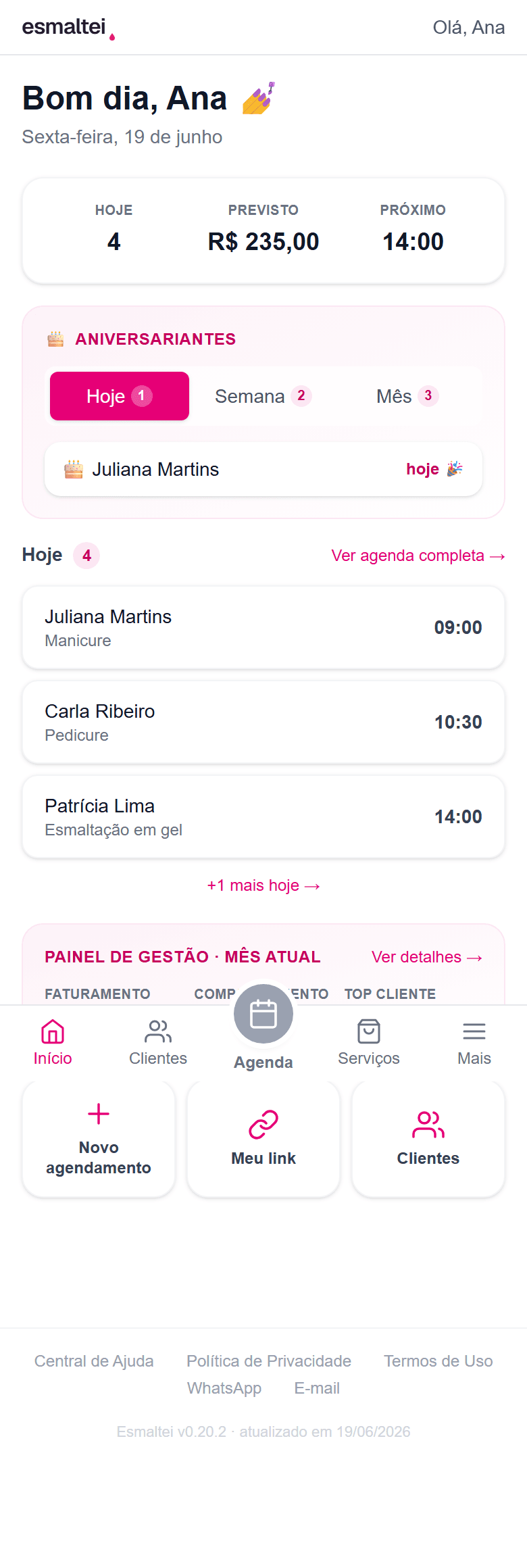 Tela de Início do painel com o resumo do dia