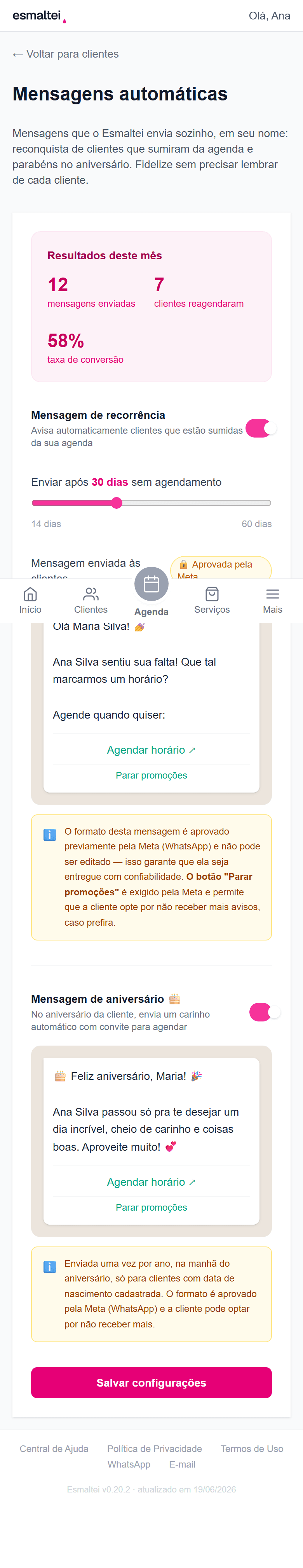 Tela de mensagens automáticas com recorrência e aniversário