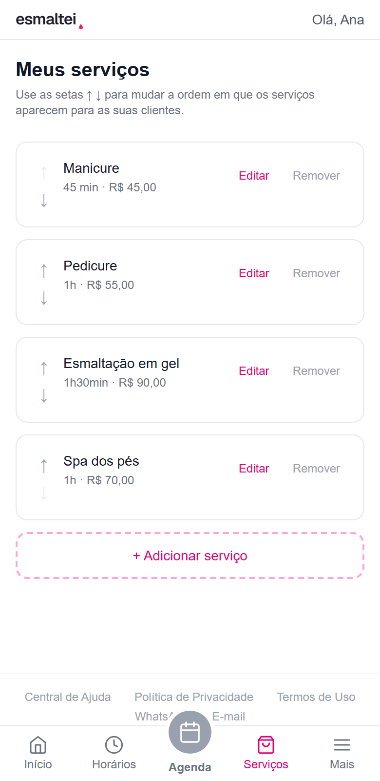 Tela de gerenciamento de serviços no painel