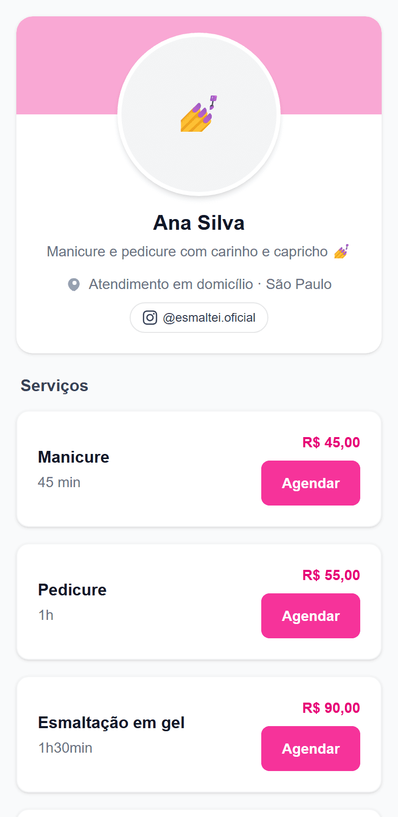 Página pública de agendamento com lista de serviços